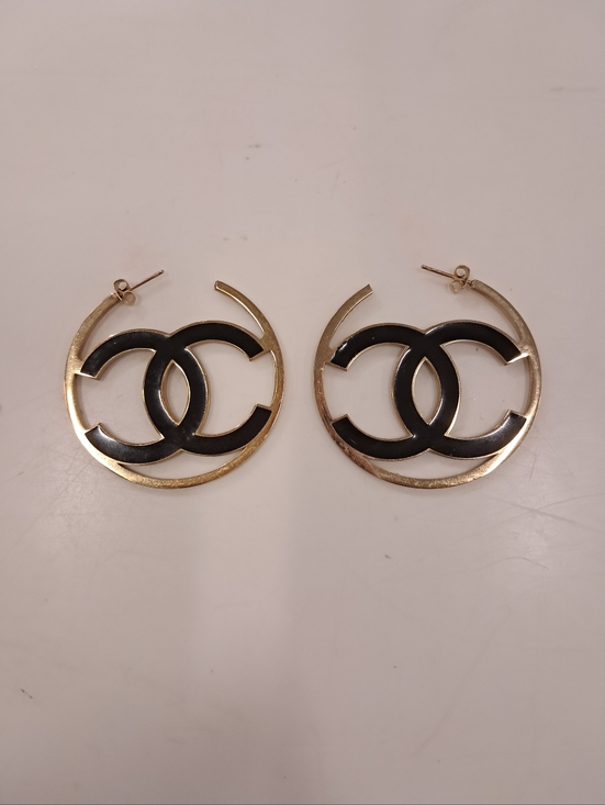 None Jewelry - Gold and Black Double CC Hoop Earrings